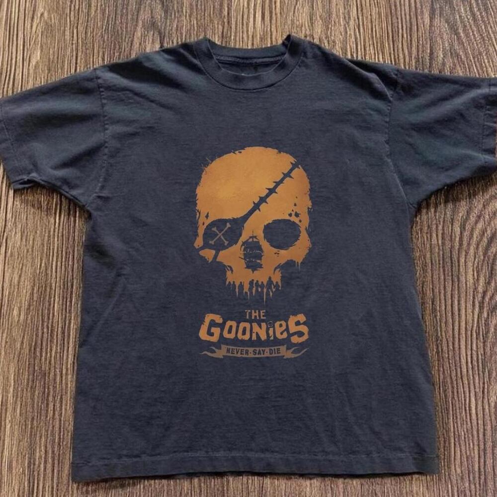 The Goonies Never Say Die Orange Skull Graphic Black T-Shirt